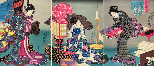 Fashionable brocade patterns of the Imperial Palace, woodblock print, made by Utagawa Kunisada, 1847-1852, Japan. Museum no. Circ.636 to Circ. 638&ndash; 1962. &copy; Victoria and Albert Museum, London